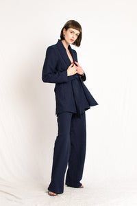 Bastet Noir Women's Blazer The C.J. Walker  Navy Embossed Silk Floral 2 Piece Blazer & Pant Suit Set