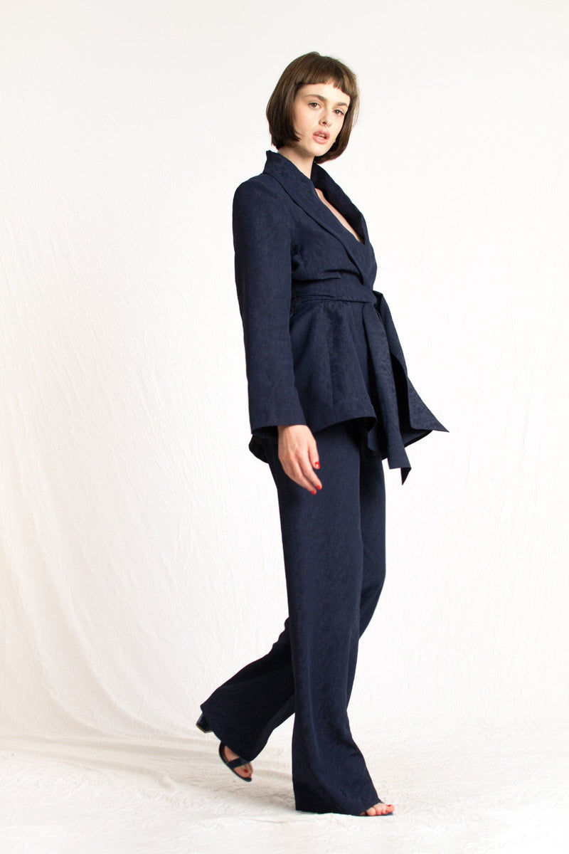 Bastet Noir Women's Blazer The C.J. Walker  Navy Embossed Silk Floral 2 Piece Blazer & Pant Suit Set