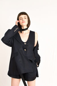 Bastet Noir Women's Blazer The Reese 100% Dark Navy Cotton 3 Piece Blazer, Vest, & Shorts Suit Set