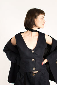 Bastet Noir Women's Blazer The Reese 100% Dark Navy Cotton 3 Piece Blazer, Vest, & Shorts Suit Set