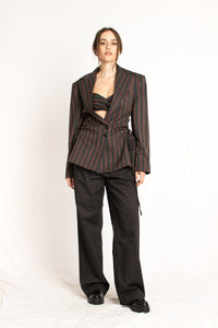 Bastet Noir Women's Blazer The Sara 3 Piece Gray & Burgundy Striped Bustier, Blazer, & Pant Suit Set