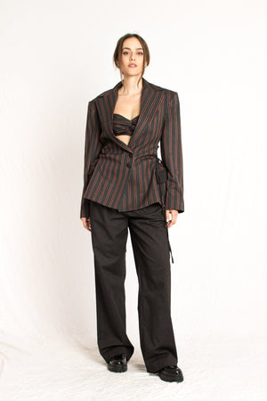 Bastet Noir Women's Blazer The Sara 3 Piece Gray & Burgundy Striped Bustier, Blazer, & Pant Suit Set