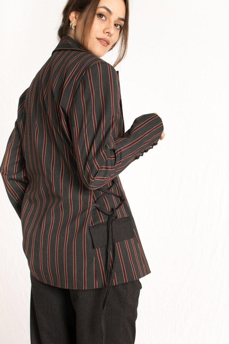 Bastet Noir Women's Blazer The Sara 3 Piece Gray & Burgundy Striped Bustier, Blazer, & Pant Suit Set