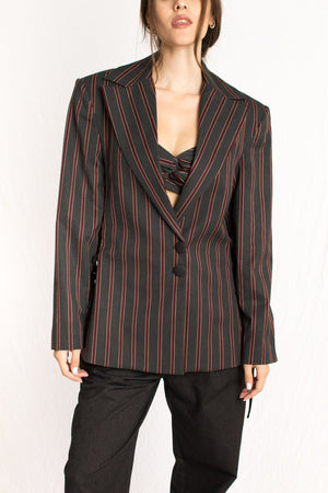 Bastet Noir Women's Blazer The Sara 3 Piece Gray & Burgundy Striped Bustier, Blazer, & Pant Suit Set