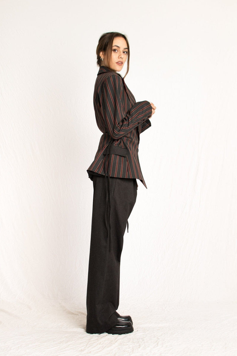 Bastet Noir Women's Blazer The Sara 3 Piece Gray & Burgundy Striped Bustier, Blazer, & Pant Suit Set
