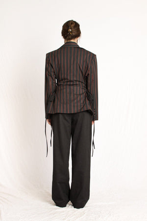 Bastet Noir Women's Blazer The Sara 3 Piece Gray & Burgundy Striped Bustier, Blazer, & Pant Suit Set