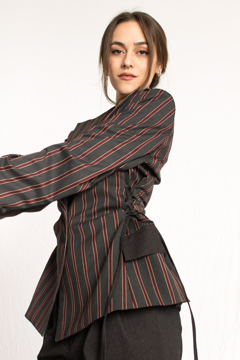 Bastet Noir Women's Blazer The Sara Gray & Burgundy Pinstripe Single-Breasted Women's Blazer