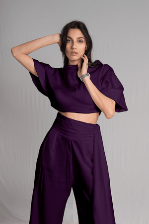 Bastet Noir Women's Blouse CUSTOM / Dark Purple Cropped Relaxed Cowl-Neck Top in White or Sage Silk