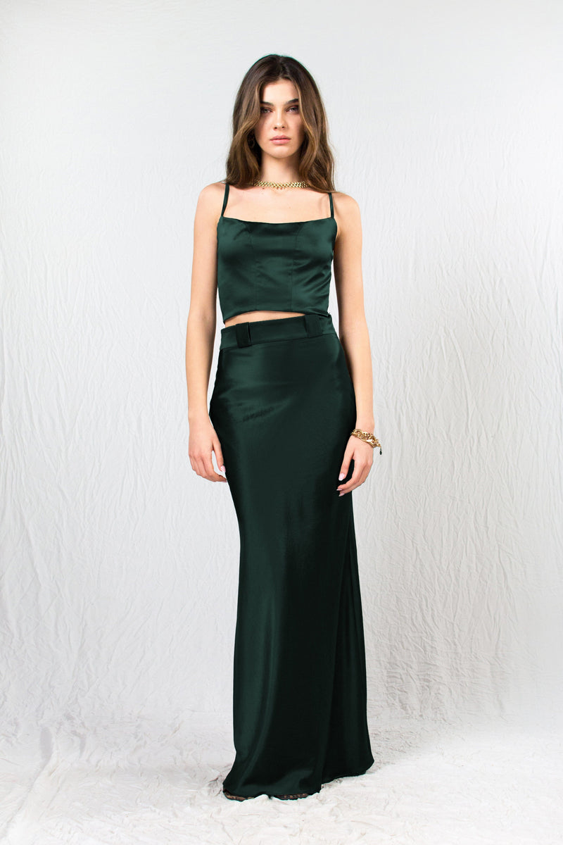 Bastet Noir Women's Blouse EU36/US4 / Forest Green Jeri 2 Piece Crop Top & Maxi Skirt Set in 100% Chocolate Silk Satin