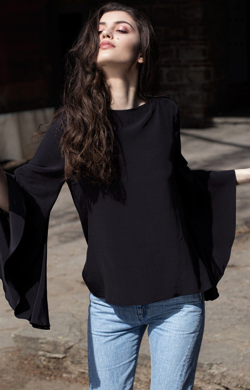 Bastet Noir Women's Blouse Long Sleeve Silk Shirt with Dramatic Volume Sleeve in Black