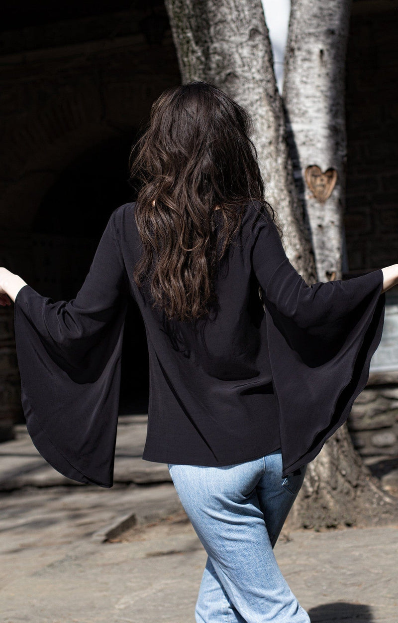 Bastet Noir Women's Blouse Long Sleeve Silk Shirt with Dramatic Volume Sleeve in Black