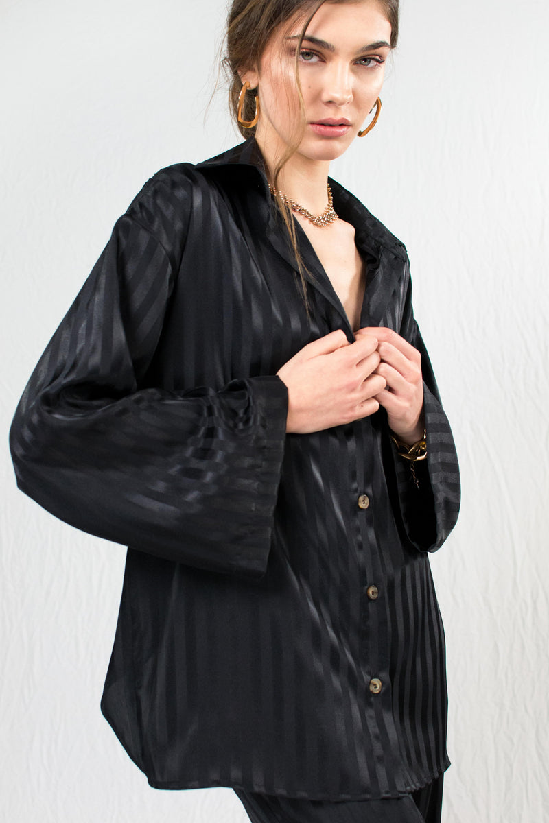 Bastet Noir Women's Blouse The Eve Black Shirt in 100% Silk Satin