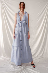 Bastet Noir Women's Dress 4 Blue & White Stripe Tiered Sleeveless Linen Maxi Dress