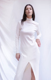 Bastet Noir Women's Dress 4 Bodycon Turtleneck Dress in White with Slit