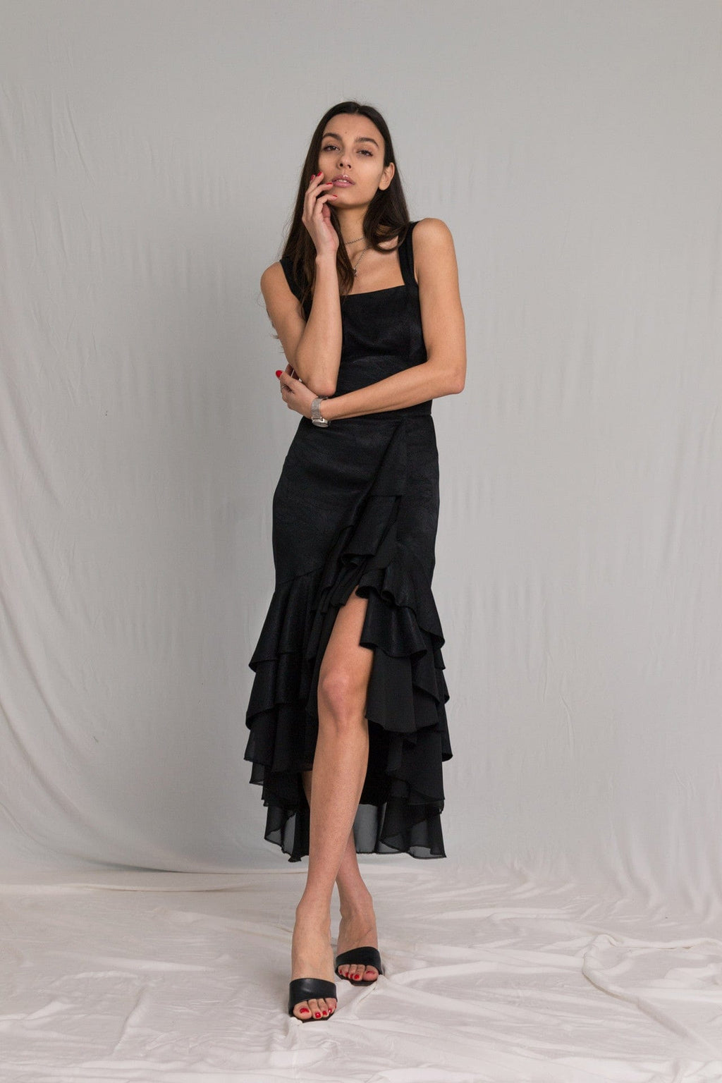 Bastet Noir Women's Dress 4 Little Black Silk Cocktail Dress with Ruffles & Side Slit