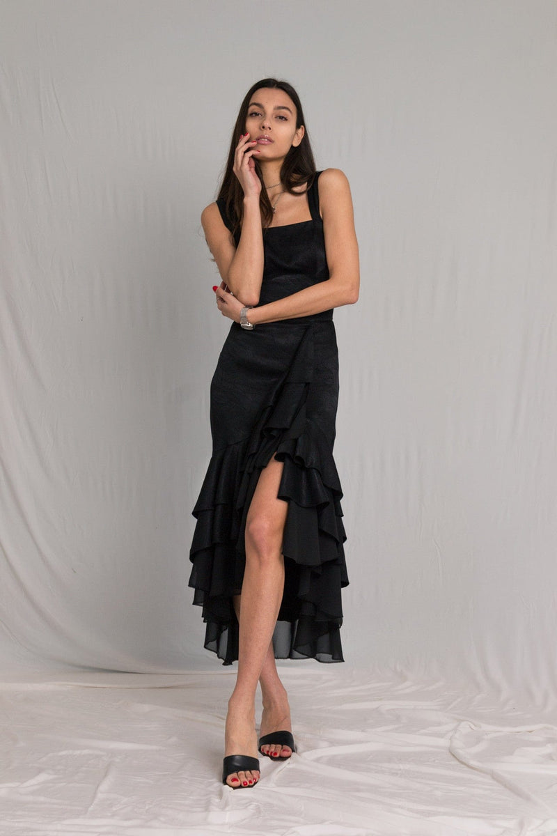 Bastet Noir Women's Dress 4 Little Black Silk Cocktail Dress with Ruffles & Side Slit