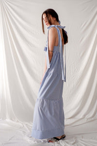 Bastet Noir Women's Dress Blue & White Stripe Tiered Sleeveless Linen Maxi Dress
