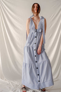 Bastet Noir Women's Dress Blue & White Stripe Tiered Sleeveless Linen Maxi Dress