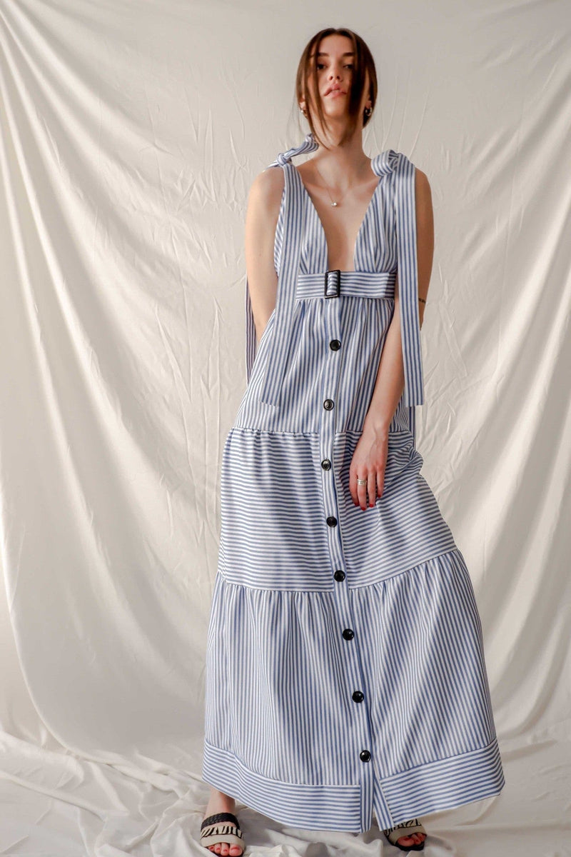 Bastet Noir Women's Dress Blue & White Stripe Tiered Sleeveless Linen Maxi Dress