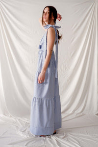 Bastet Noir Women's Dress Blue & White Stripe Tiered Sleeveless Linen Maxi Dress