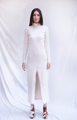 Bastet Noir Women's Dress Bodycon Turtleneck Dress in White with Slit