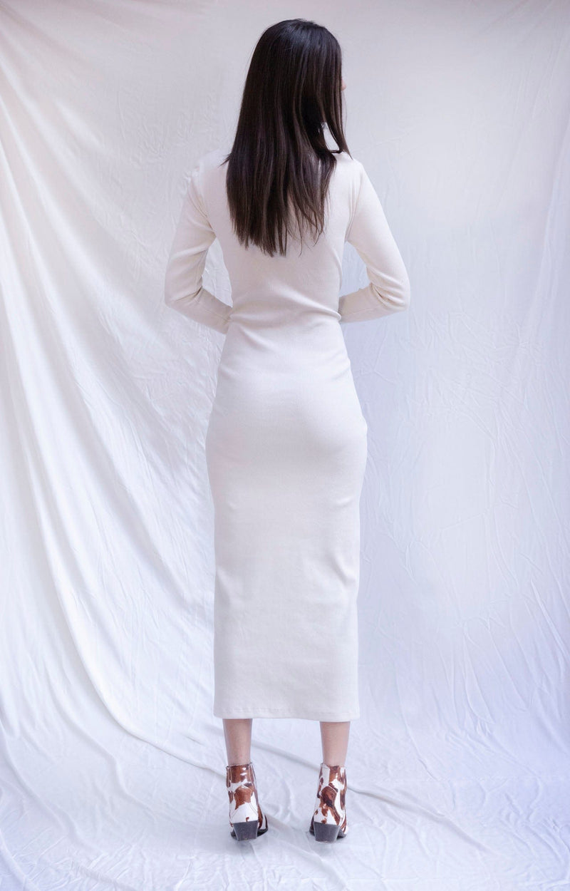 Bastet Noir Women's Dress Bodycon Turtleneck Dress in White with Slit