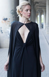 Bastet Noir Women's Dress CUSTOM / Black Maxi Cape Dress in Black Silk & Jersey