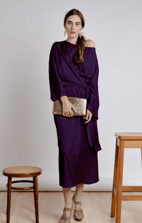 Bastet Noir Women's Dress CUSTOM / Dark Purple Silk Satin Draped Midi Dress-Colors Available