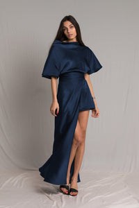 Bastet Noir Women's Dress CUSTOM / DarkBlue Asymmetrical Cowl Neck Silk Cocktail Dress with Ruched Waist in Sage or Blue