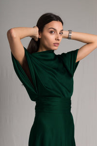 Bastet Noir Women's Dress CUSTOM / Forest Green Asymmetrical Cowl Neck Silk Cocktail Dress with Ruched Waist in Sage or Blue