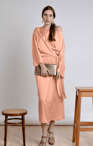 Bastet Noir Women's Dress CUSTOM / Orange Silk Satin Draped Midi Dress-Colors Available