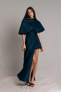 Bastet Noir Women's Dress CUSTOM / Teal Asymmetrical Cowl Neck Silk Cocktail Dress with Ruched Waist in Sage or Blue