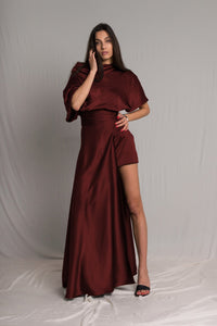 Bastet Noir Women's Dress EU36/US4 / DarkRed Asymmetrical Cowl Neck Silk Cocktail Dress with Ruched Waist in Sage or Blue