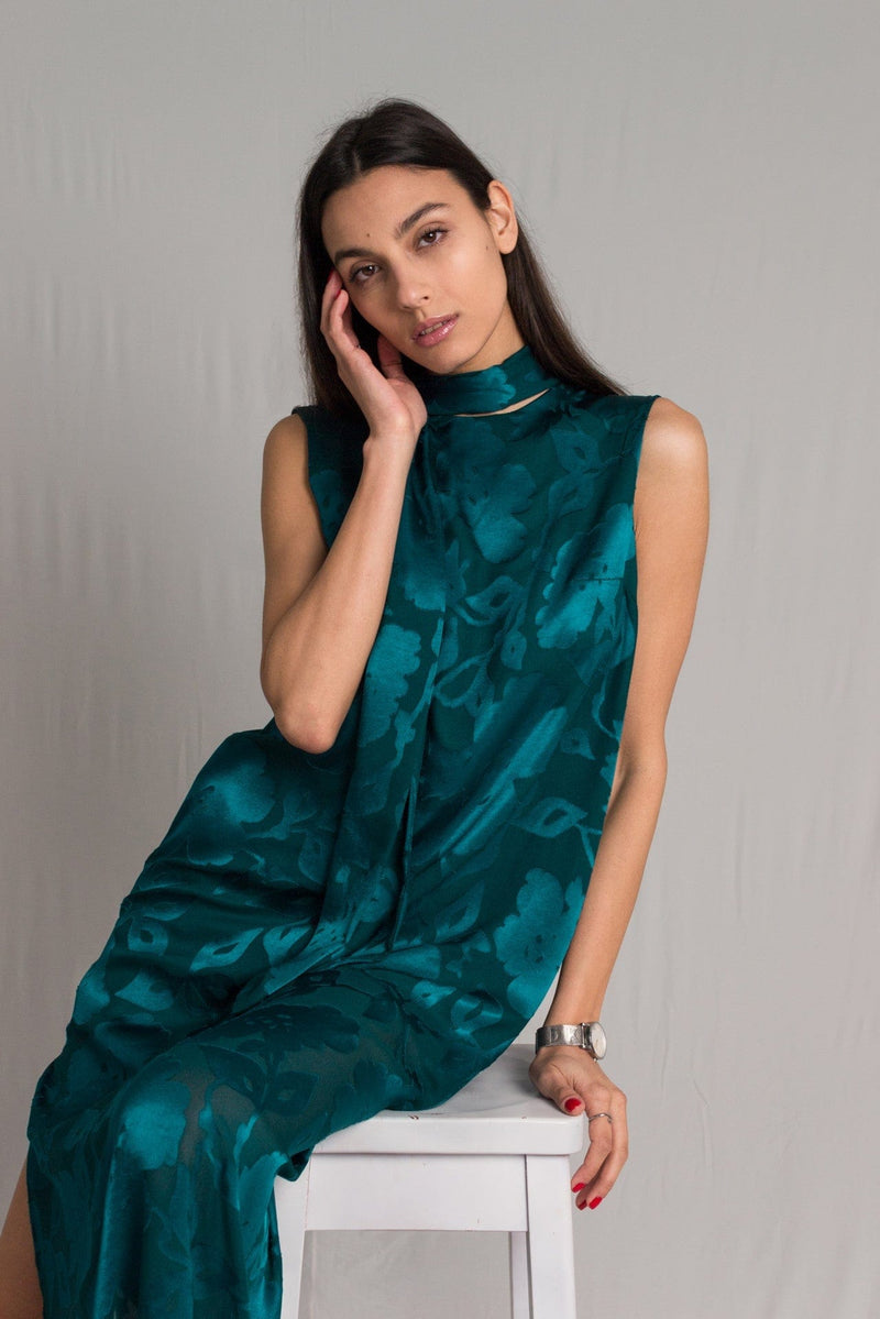 Bastet Noir Women's Dress EU36/US4 Teal Turtleneck Sleeveless A-Line Silk Maxi Cocktail Dress with Side Slit