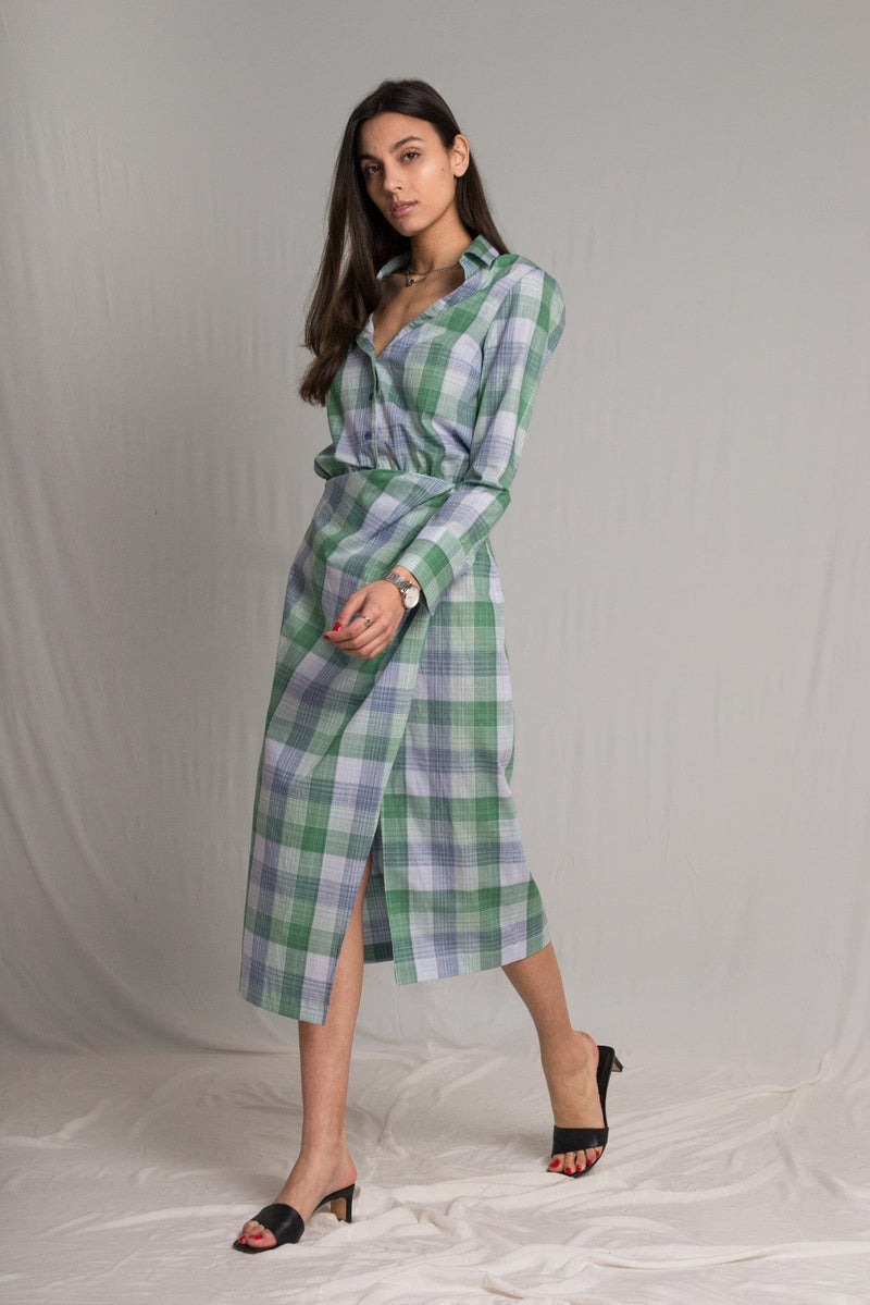 Bastet Noir Women's Dress EU36/US4 Women's Cotton Shirt Dress with V-Neck and High Slit in Blue and Green Check