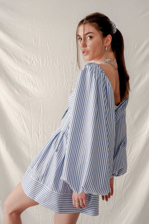 Bastet Noir Women's Dress Linen Mini Dress in Blue & White Stripe with Sweetheart Neckline