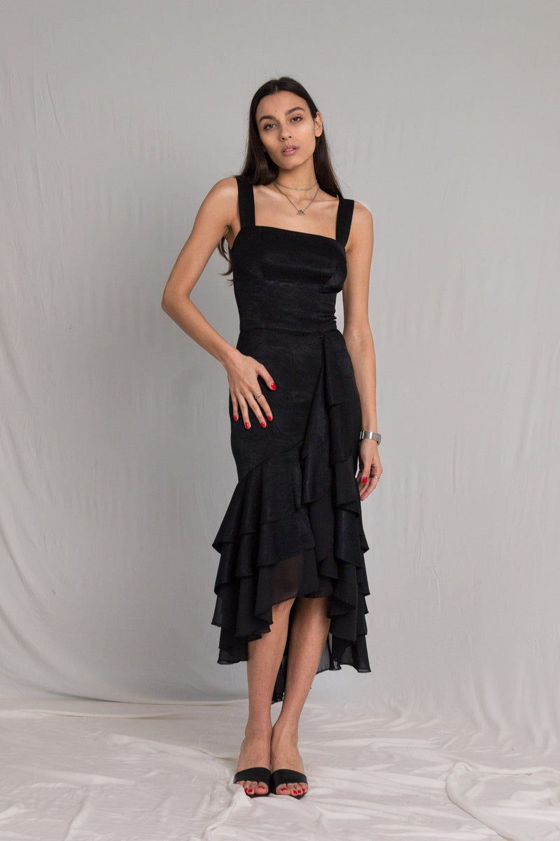 Bastet Noir Women's Dress Little Black Silk Cocktail Dress with Ruffles & Side Slit