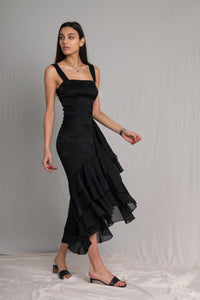 Bastet Noir Women's Dress Little Black Silk Cocktail Dress with Ruffles & Side Slit