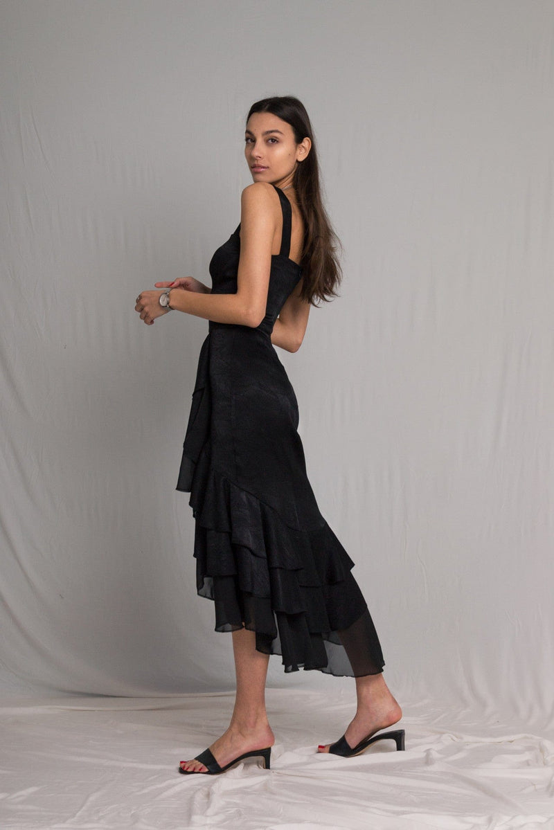 Bastet Noir Women's Dress Little Black Silk Cocktail Dress with Ruffles & Side Slit