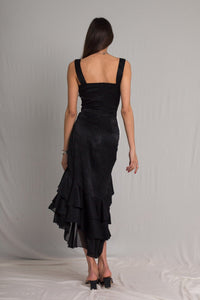 Bastet Noir Women's Dress Little Black Silk Cocktail Dress with Ruffles & Side Slit