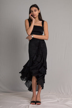 Bastet Noir Women's Dress Little Black Silk Cocktail Dress with Ruffles & Side Slit