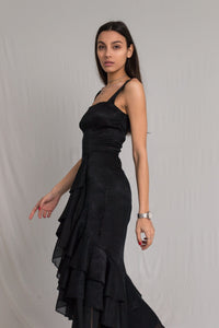 Bastet Noir Women's Dress Little Black Silk Cocktail Dress with Ruffles & Side Slit