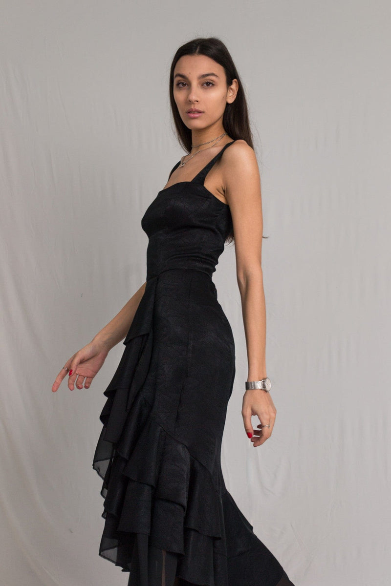 Bastet Noir Women's Dress Little Black Silk Cocktail Dress with Ruffles & Side Slit