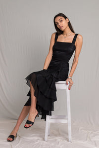 Bastet Noir Women's Dress Little Black Silk Cocktail Dress with Ruffles & Side Slit