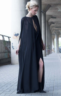 Bastet Noir Women's Dress Maxi Cape Dress in Black Silk & Jersey