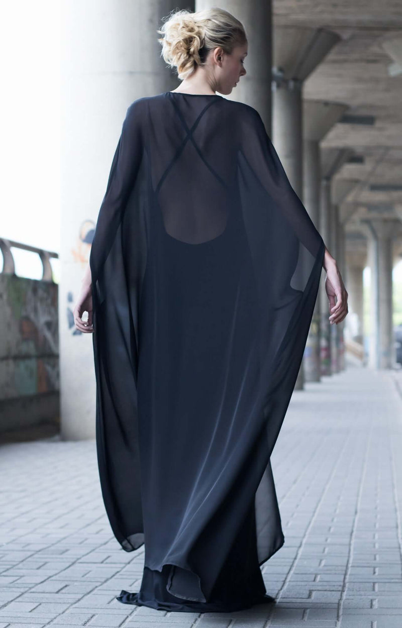 Bastet Noir Women's Dress Maxi Cape Dress in Black Silk & Jersey