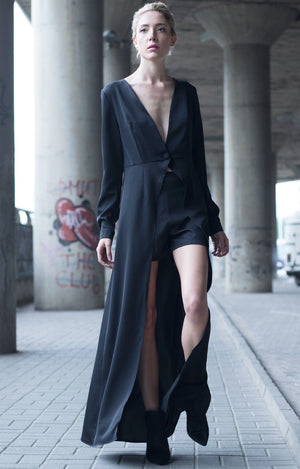Bastet Noir Women's Dress One-Button Maxi Shirt Dress in 100% Georgette Silk in Black or Red