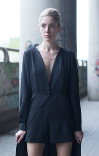 Bastet Noir Women's Dress One-Button Maxi Shirt Dress in 100% Georgette Silk in Black or Red