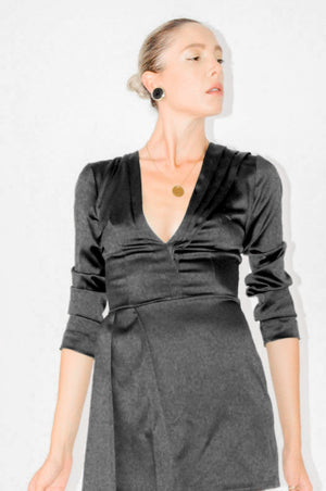 Bastet Noir Women's Dress Plunging Neckline Mini in 100% Silk Satin in Black, Lilac, or Teal
