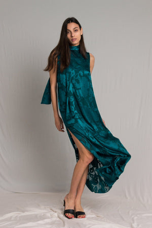 Bastet Noir Women's Dress Teal Turtleneck Sleeveless A-Line Silk Maxi Cocktail Dress with Side Slit